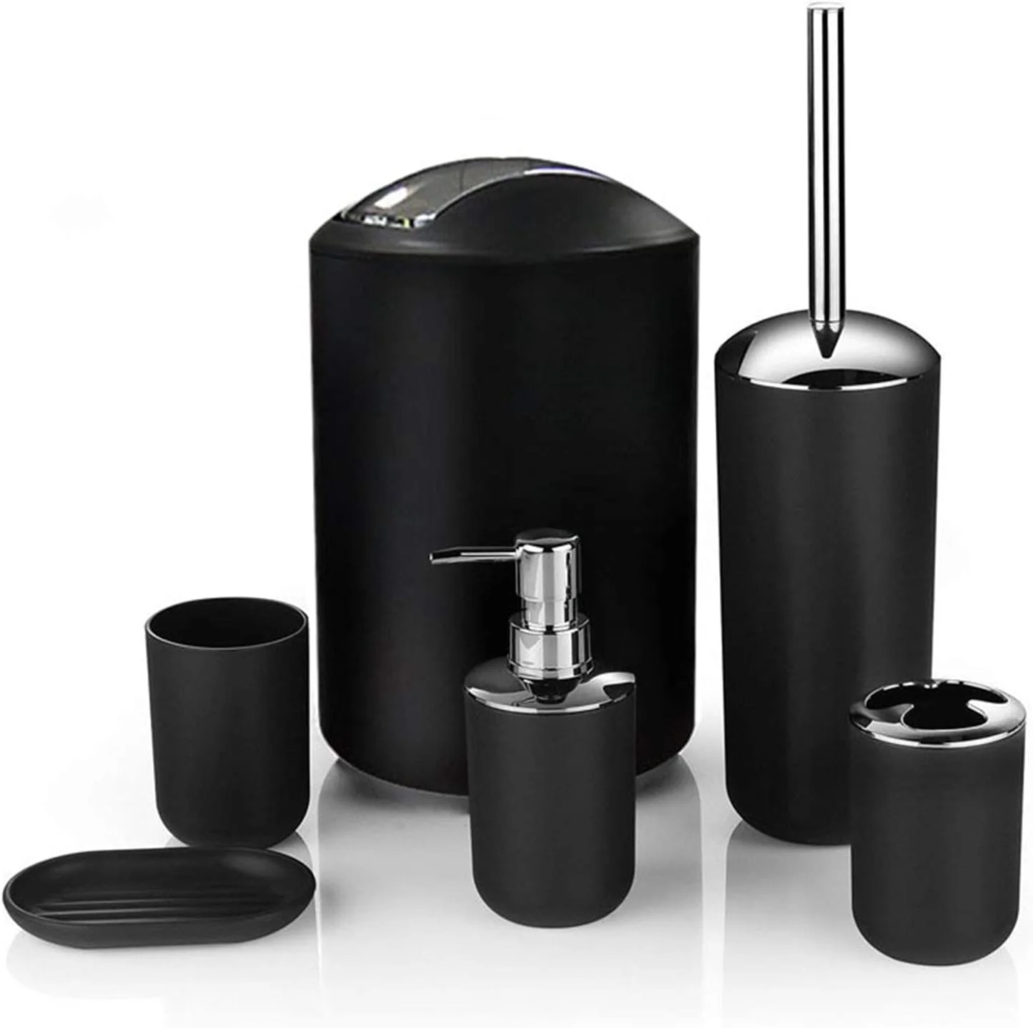 ست لوازم جانبی حمام، ست 6 تکه حمام شامل جا مایع لوسیون، جا مسواکی، لیوان حمام، جا صابونی، سطل زباله، برس توالت، مشکی