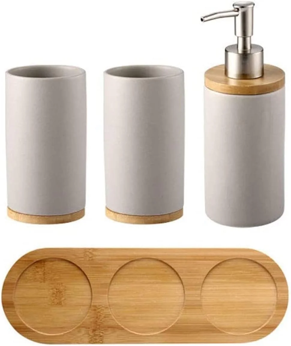 ست لوازم جانبی حمام 4 تکه شامل جای مایع دستشویی، جا مسواکی، لیوان و قفسه بامبو - خاکستری