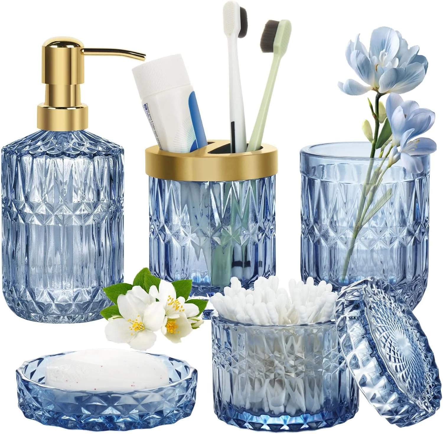ست لوازم حمام شیشه ای، ست لوازم جانبی لوکس حمام شامل جا مایع لوسیون، جا مایع صابون شیشه ای، جا مسواکی، جا صابونی، لیوان برای جا پنبه ای، دکور حمام، آبی