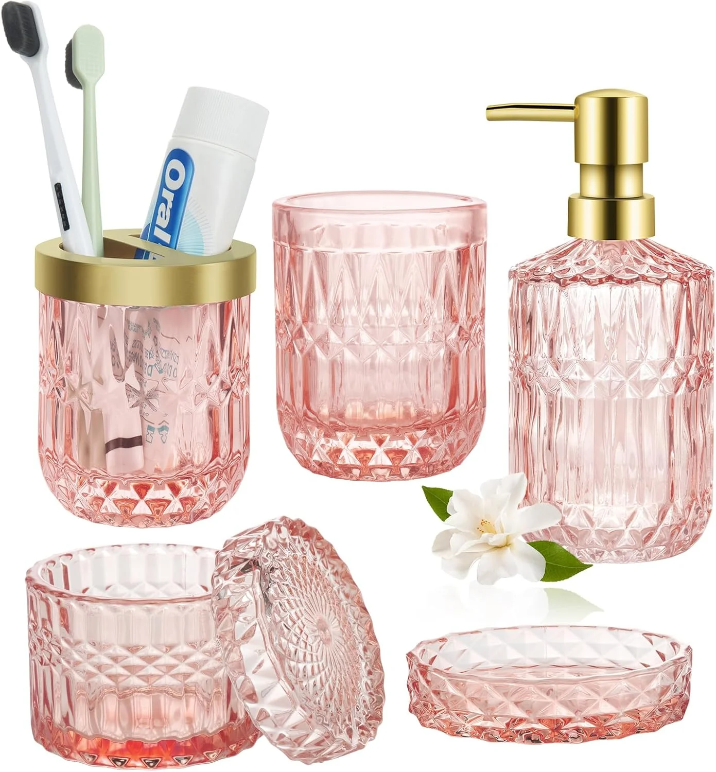 ست لوازم جانبی حمام صورتی، ست 5 تکه شیشه ای شفاف حمام، جا مایع دستشویی و جا مسواکی، جای صابون، لیوان، جا پنبه، دکور حمام