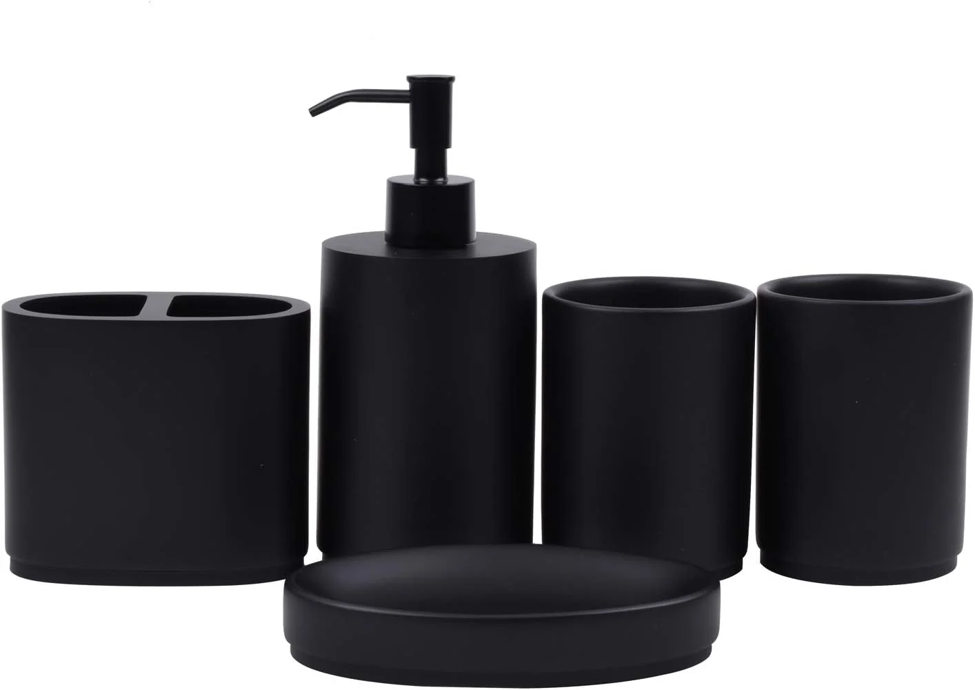 ست لوازم جانبی حمام 5 تکه، ست لوازم حمام مشکی مات شامل جای مایع دستشویی، جا مسواکی، جا صابونی، لیوان، ست هدیه حمام رزینی (مشکی مات)