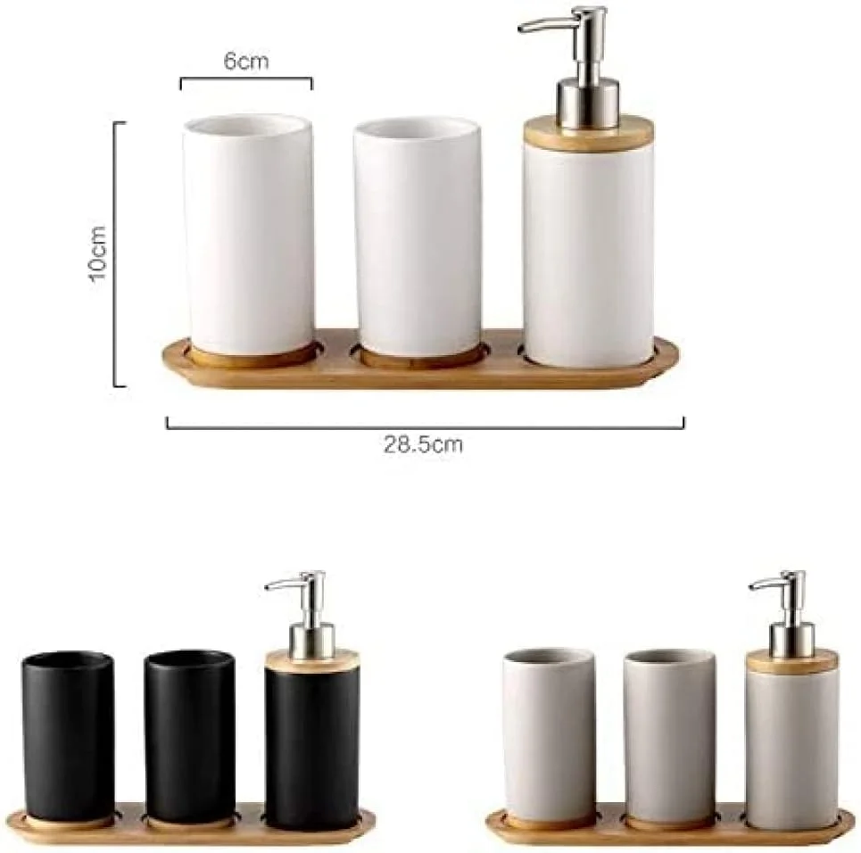 ست لوازم جانبی حمام 4 تکه شامل جای مایع دستشویی، جا مسواکی، لیوان و قفسه بامبو - خاکستری