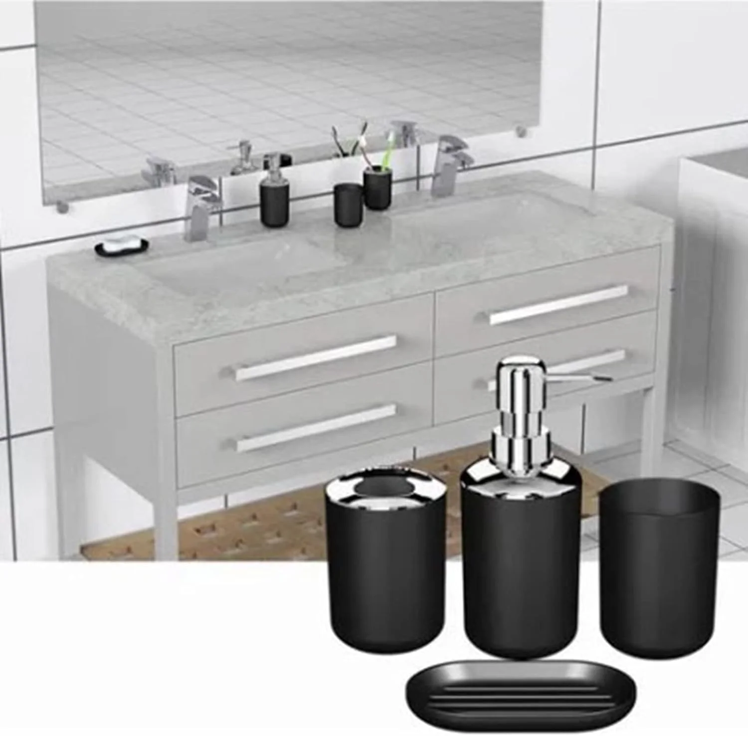 ست لوازم جانبی حمام، ست 6 تکه حمام شامل جا مایع لوسیون، جا مسواکی، لیوان حمام، جا صابونی، سطل زباله، برس توالت، مشکی