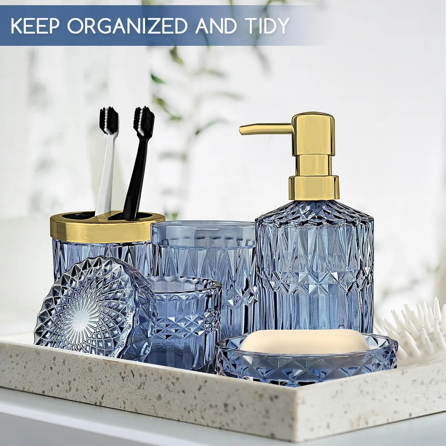 ست لوازم حمام شیشه ای، ست لوازم جانبی لوکس حمام شامل جا مایع لوسیون، جا مایع صابون شیشه ای، جا مسواکی، جا صابونی، لیوان برای جا پنبه ای، دکور حمام، آبی