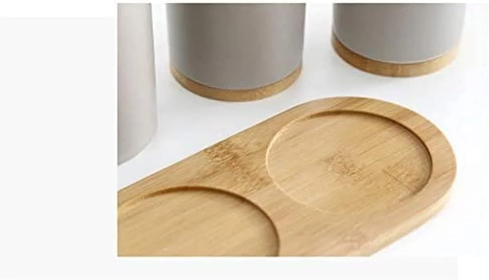 ست لوازم جانبی حمام 4 تکه شامل جای مایع دستشویی، جا مسواکی، لیوان و قفسه بامبو - خاکستری