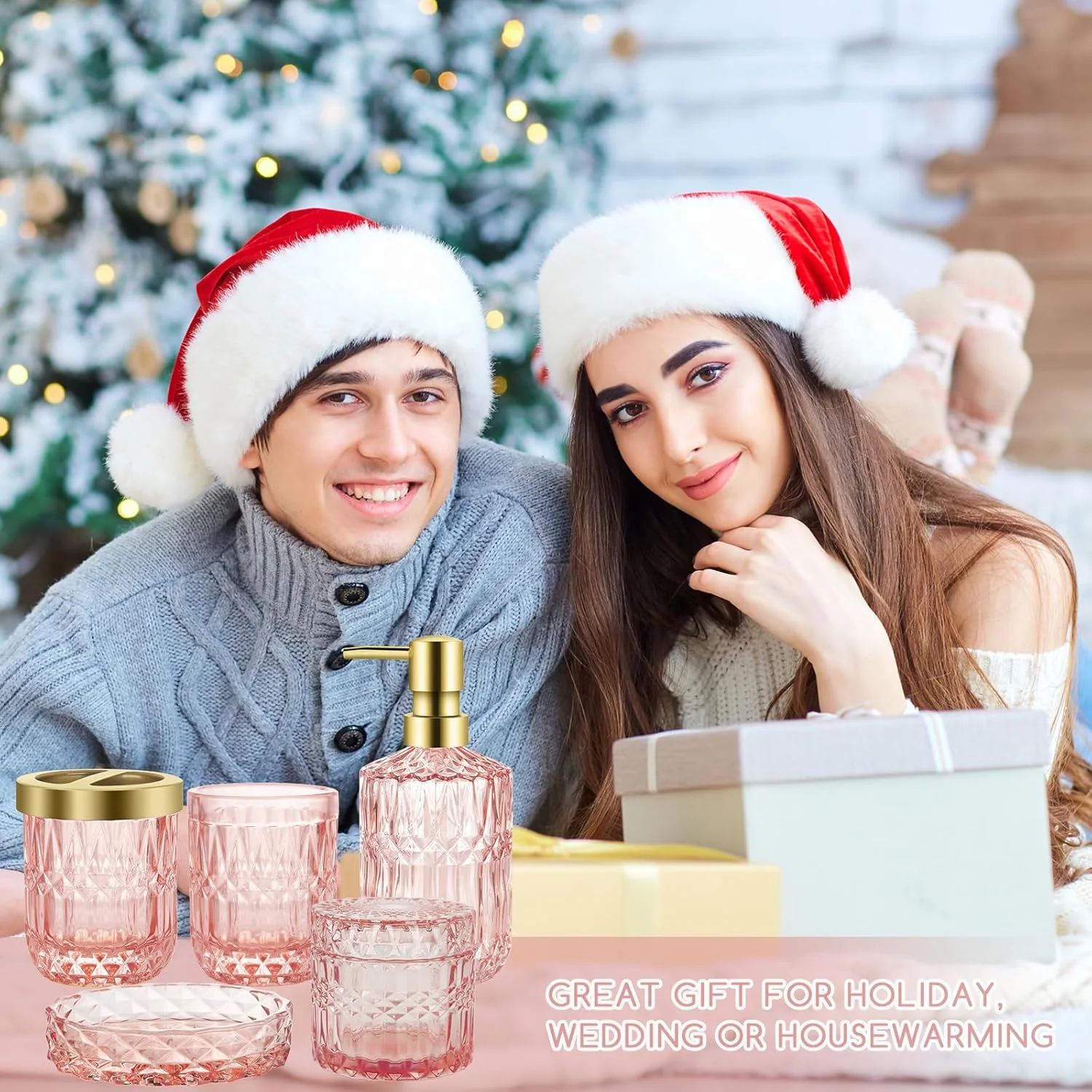 ست لوازم جانبی حمام صورتی، ست 5 تکه شیشه ای شفاف حمام، جا مایع دستشویی و جا مسواکی، جای صابون، لیوان، جا پنبه، دکور حمام