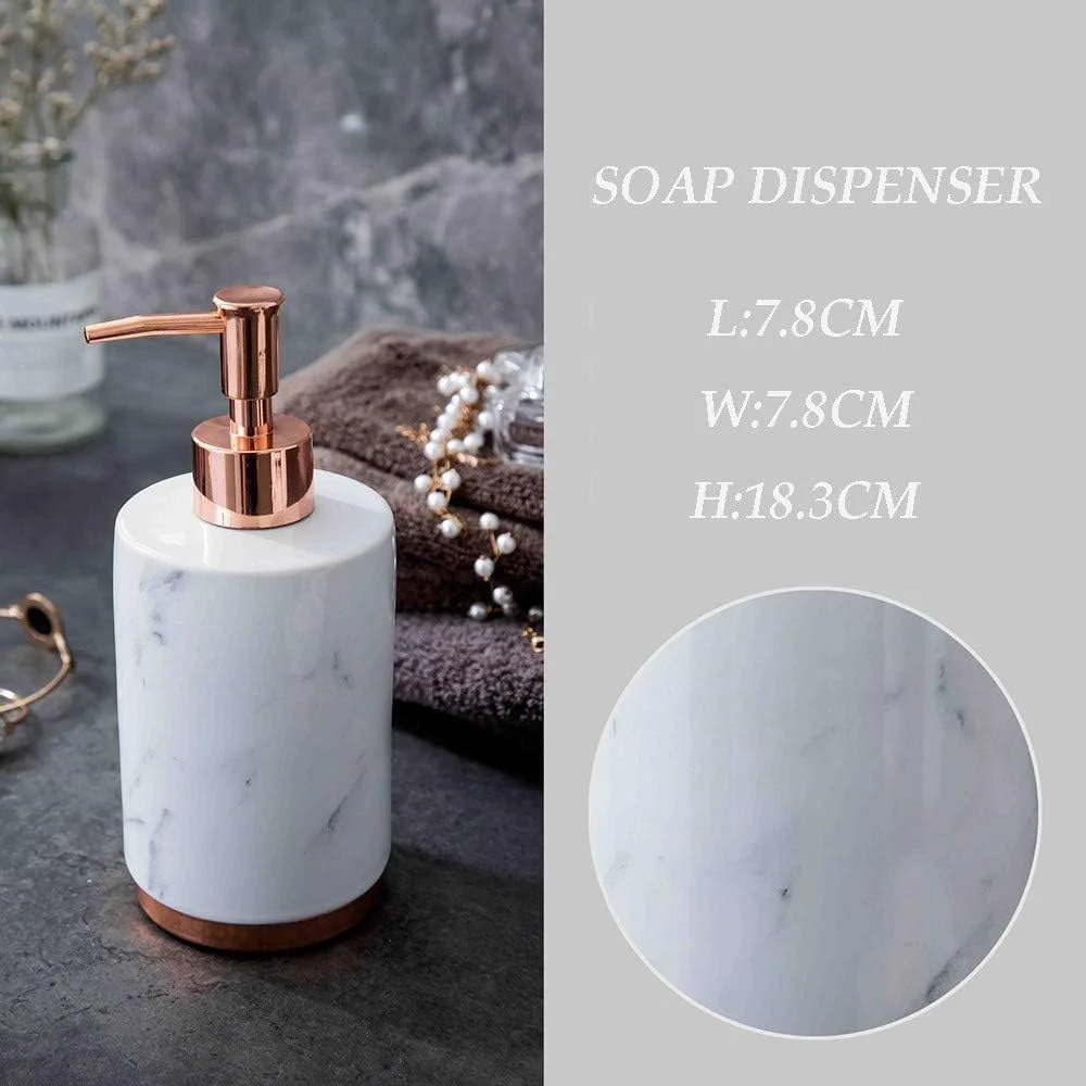 ست لوازم جانبی حمام 5 تکه با طرح مرمر و پایه رزگلد آبکاری شده شامل پمپ مایع دستشویی، جا مسواکی، لیوان و جا صابونی