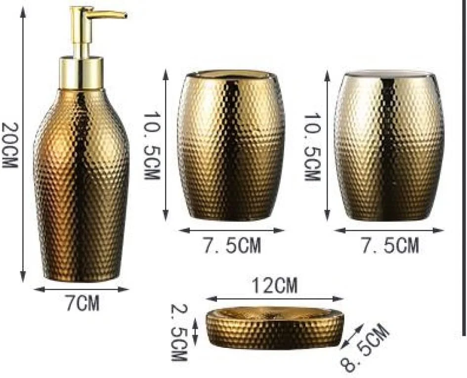 ست لوازم جانبی سرامیکی رترو برای حمام، تزئین میز آرایش حمام، ست ۴ تکه طلایی نوردیک شامل جای مایع دستشویی، جا صابونی، مناسب برای هتل های خانوادگی.