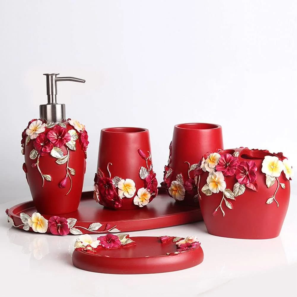 ست لوازم جانبی حمام قرمز وینتیج، ست 5 تکه شامل جای مایع دستشویی، جا مسواکی، لیوان و جا صابونی - ست هدیه حمام