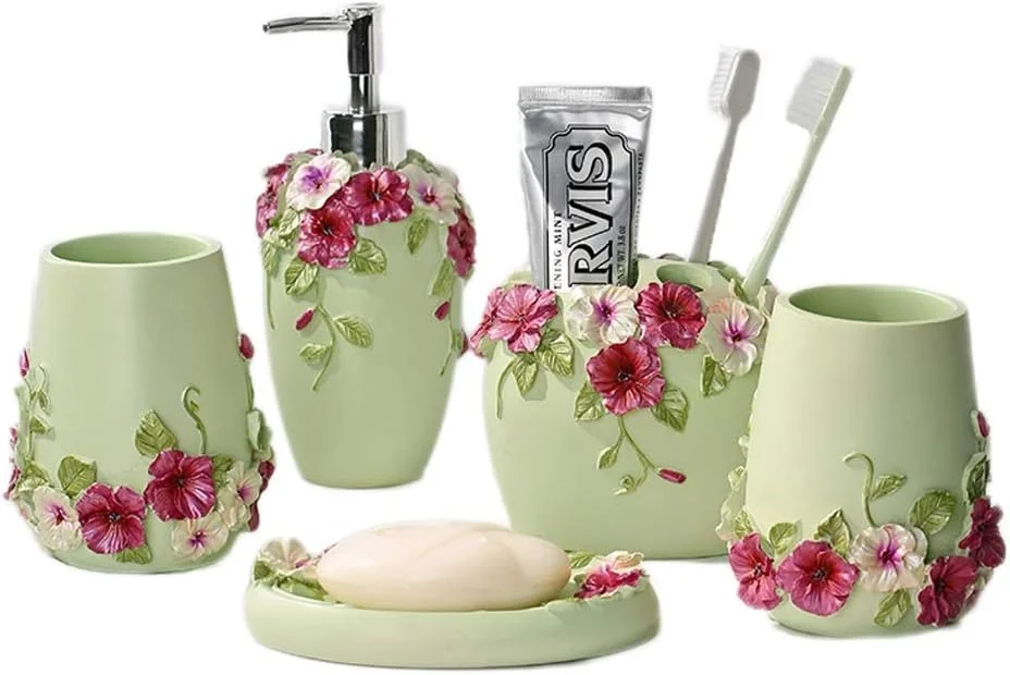 ست لوازم جانبی با کیفیت برای حمام، ست لوازم جانبی رزینی به سبک باغ، ست پنج تکه برای حمام، شامل جای مایع دستشویی، جا مسواکی مناسب منزل و هتل (رنگ: سبز)