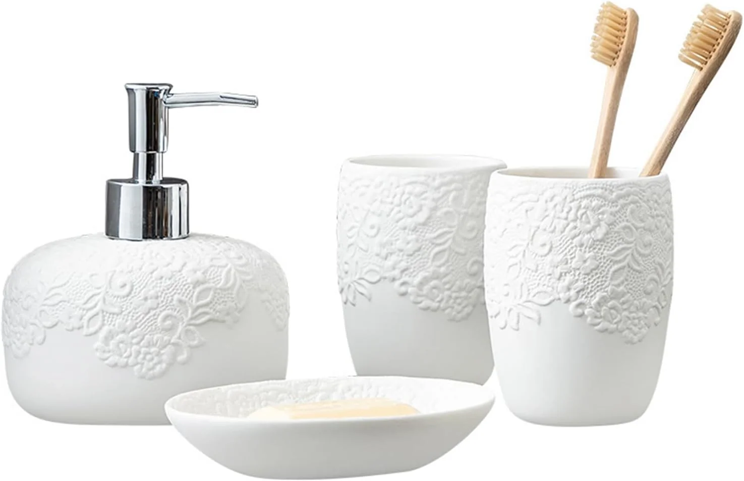 ست لوازم جانبی سرامیکی حمام، 4 تکه، طرح گل برجسته سفید، شامل جا مایع صابون، 2 لیوان، جا صابونی