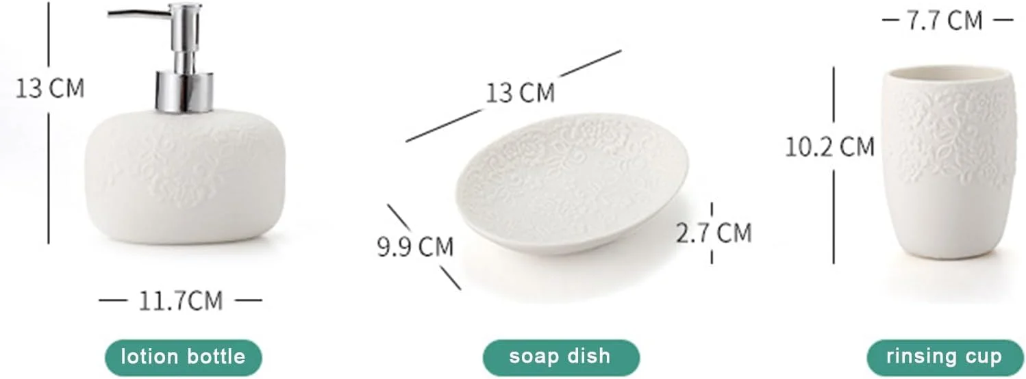 ست لوازم جانبی سرامیکی حمام، 4 تکه، طرح گل برجسته سفید، شامل جا مایع صابون، 2 لیوان، جا صابونی