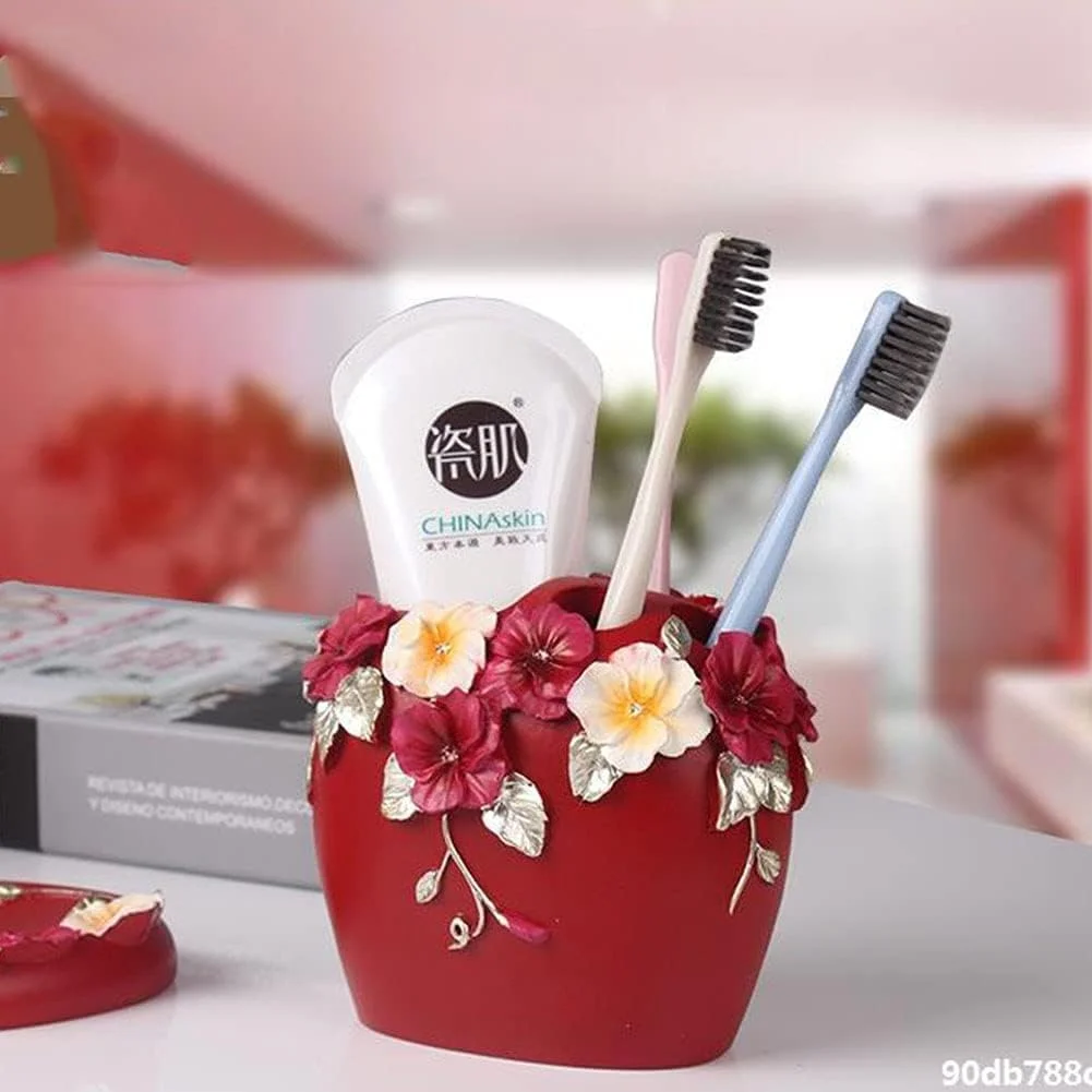 ست لوازم جانبی حمام قرمز طرح قدیمی، ست 5 تکه شامل جای مایع دستشویی، جا مسواکی، لیوان و جا صابونی - ست هدیه حمام