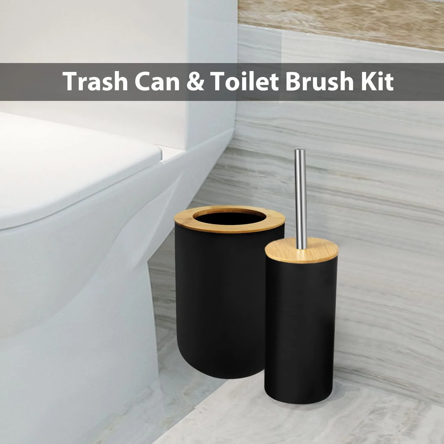 ست لوازم جانبی حمام ایکافن، ست دکوری حمام، ست پلاستیکی و بامبو شامل جای مایع لوسیون، جا مسواکی، لیوان مسواک، جا صابونی، برس توالت و جا برس، سطل زباله، مشکی، 6 تکه