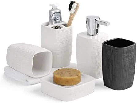 ست لوازم جانبی حمام، ست پنج تکه سرامیکی مات ساده و خلاقانه، شامل جای مایع دستشویی، جا مسواکی، مناسب منزل و هتل