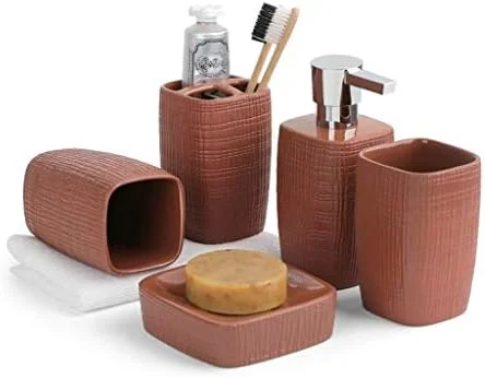 ست لوازم جانبی حمام، ست پنج تکه سرامیکی مات ساده و خلاقانه، شامل جای مایع دستشویی، جا مسواکی، مناسب منزل و هتل