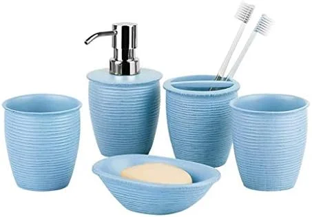 ست لوازم جانبی حمام، ست پنج تکه رزینی اروپایی شامل جای مایع دستشویی و جا مسواکی مناسب منزل و هتل