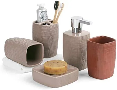ست لوازم جانبی حمام، ست لوازم جانبی حمام سرامیکی مات ساده و خلاقانه پنج تکه، جا صابونی، جا مسواکی، مناسب منزل و هتل