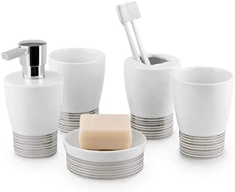 ست لوازم جانبی حمام، ست پنج تکه سرامیکی ساده و خلاقانه، جای مایع دستشویی، جا مسواکی، مناسب منزل و هتل