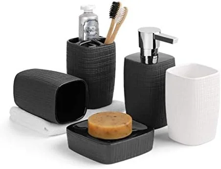 ست لوازم جانبی حمام، ست پنج تکه سرامیکی مات ساده و خلاقانه، جای مایع دستشویی، جا مسواکی، مناسب منزل و هتل