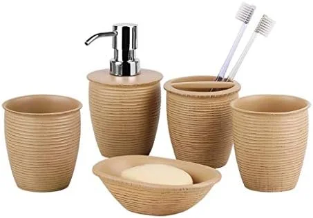 ست لوازم جانبی حمام، ست پنج تکه رزینی به سبک اروپایی شامل جای مایع دستشویی و جا مسواکی مناسب منزل و هتل