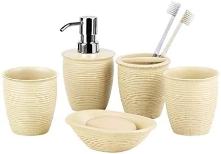 ست لوازم جانبی حمام رزین اروپایی پنج تکه شامل جا مایع دستشویی و جا مسواکی مناسب منزل و هتل