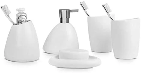 ست لوازم جانبی حمام، سرامیکی ساده و خلاقانه پنج تکه شامل جای مایع دستشویی، جا مسواکی، مناسب منزل و هتل