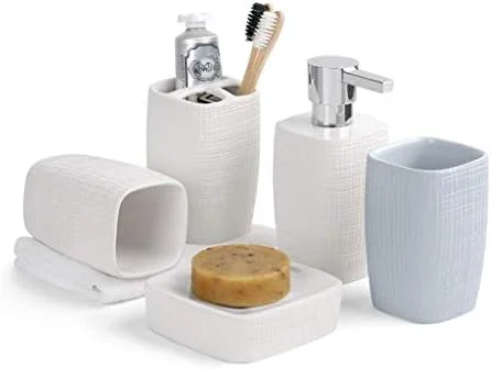 ست لوازم جانبی سرویس بهداشتی، ست پنج تکه سرامیکی مات ساده و خلاقانه، جا صابونی، جا مسواکی، مناسب منزل و هتل