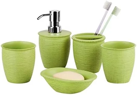 ست لوازم جانبی حمام رزین اروپایی پنج تکه شامل جای مایع دستشویی و جا مسواکی مناسب منزل و هتل