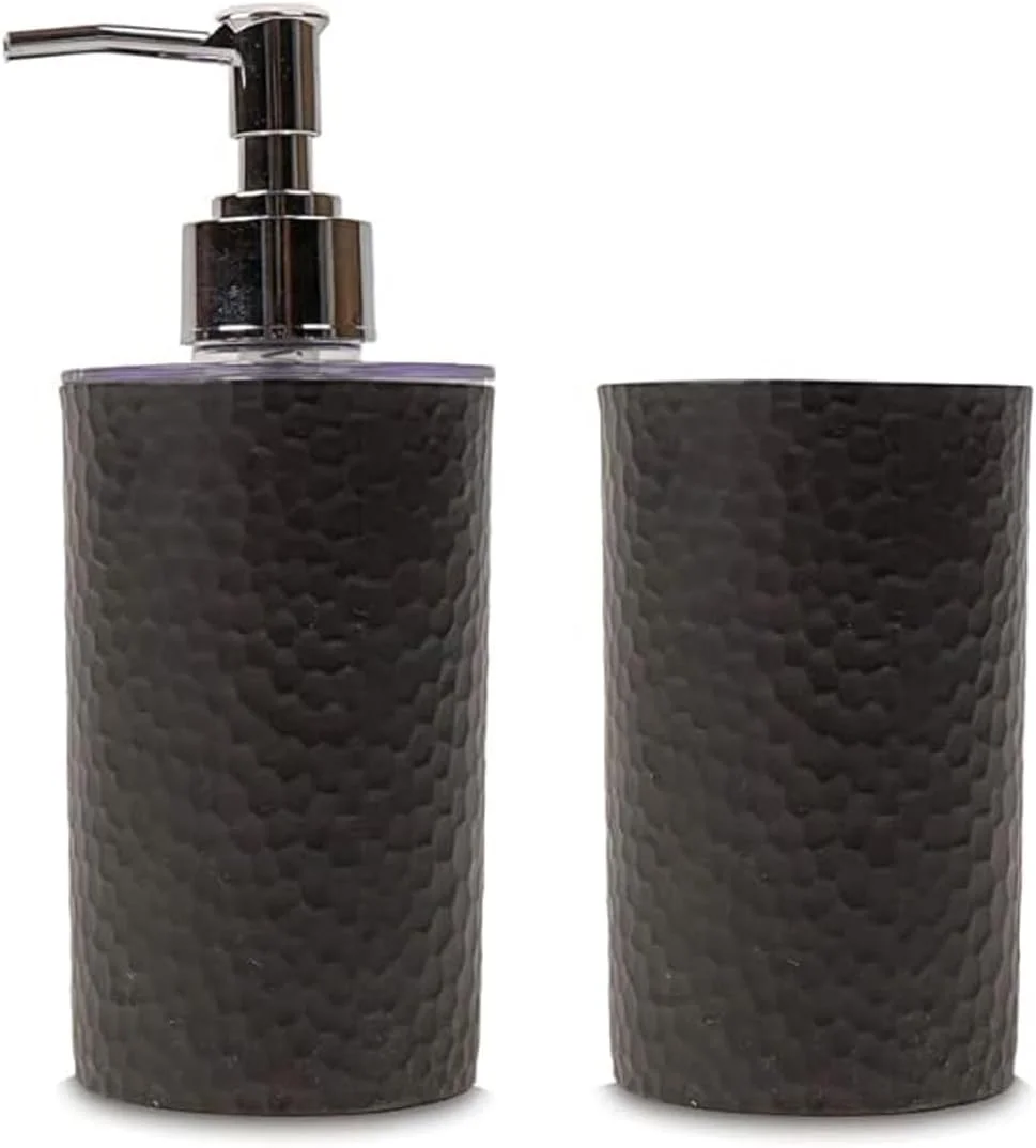 ست لوازم جانبی سرویس بهداشتی SHENRON برای کاربرد و دکوراسیون حمام | پمپ مایع دستشویی و جا مسواکی ترکیبی برای حمام، آشپزخانه، روشویی، سینک - مشکی