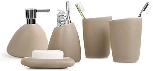 ست لوازم جانبی حمام، ست پنج تکه سرامیکی ساده و خلاقانه، جای مایع دستشویی، جا مسواکی، مناسب منزل و هتل