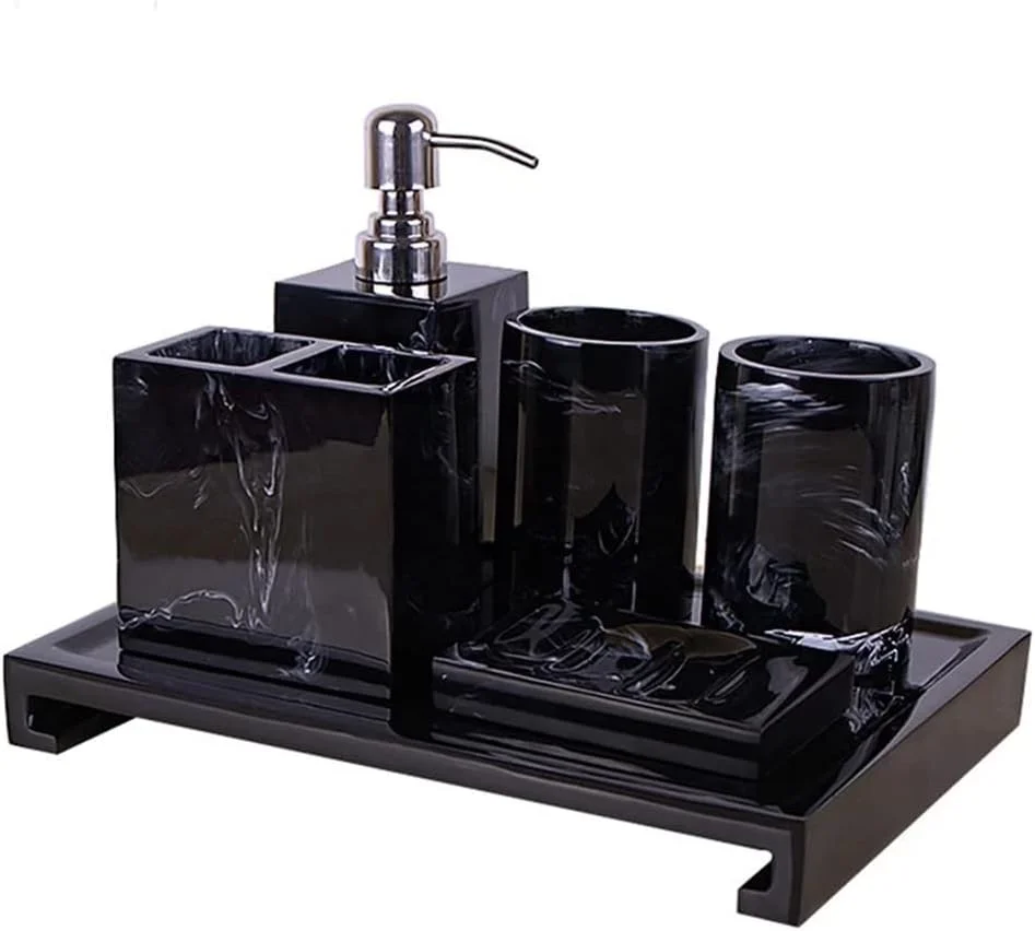 ست لوازم جانبی سرویس بهداشتی شامل سینی، ست شستشو رزین طرح سنگ مرمر، جا صابونی، جا مسواکی و مایع ریز ست لوازم جانبی سرویس بهداشتی شامل سینی، ست شستشو رزین طرح سنگ مرمر، جا صابونی، جا مسواکی و مایع ریز