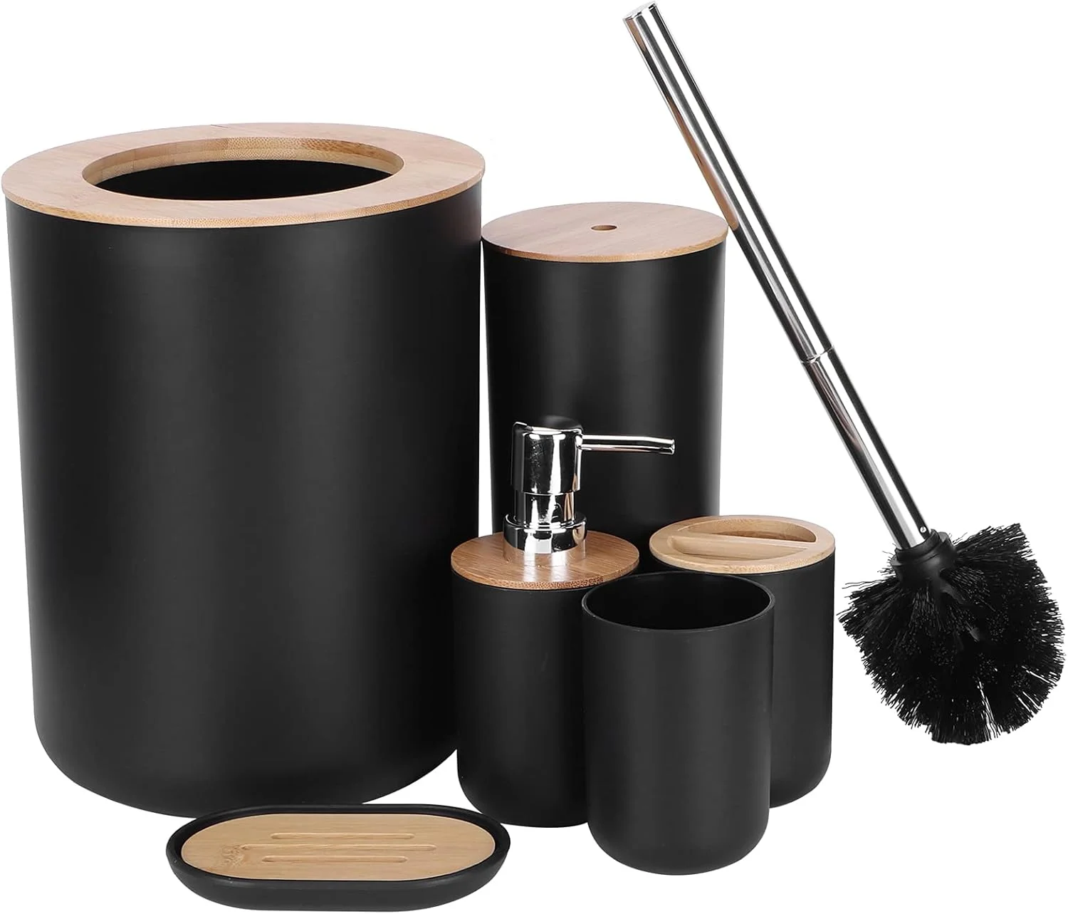 ست لوازم جانبی حمام، مجموعه 6 تکه پلاستیکی چوب بامبو، هدیه خانه شامل جا مسواکی، لیوان مسواک، جا مایع صابون، جا صابونی، برس توالت، سطل زباله (مشکی) ست لوازم جانبی حمام، مجموعه 6 تکه پلاستیکی چوب بامبو، هدیه خانه شامل جا مسواکی، لیوان مسواک، جا مایع صابون، جا صابونی، برس توالت، سطل زباله (مشکی)