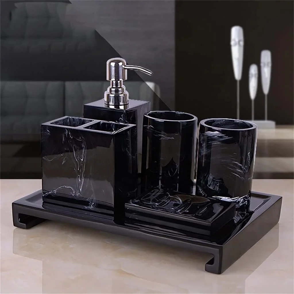 ست لوازم جانبی حمام شامل سینی، جا مایع دستشویی، جا مسواکی و جا صابونی با طرح سنگ مرمر ست لوازم جانبی حمام شامل سینی، جا مایع دستشویی، جا مسواکی و جا صابونی با طرح سنگ مرمر
