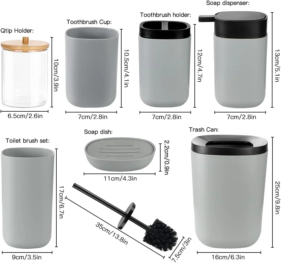 ست لوازم جانبی حمام Otostar، هدیه مناسب برای خانه نو، ست پلاستیکی حمام شامل جای گوش پاک کن، جای مایع دستشویی، جای مسواک، لیوان، جا صابونی، برس توالت و سطل زباله (خاکستری مشکی)
