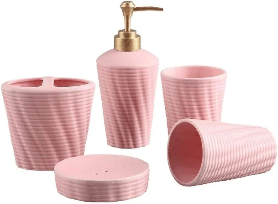 ست لوازم جانبی حمام 5 تکه شامل جا مایع صابون، جا صابونی، جا مسواکی سرامیکی راه راه مناسب منزل، دفتر کار و غیره ست لوازم جانبی حمام 5 تکه شامل جا مایع صابون، جا صابونی، جا مسواکی سرامیکی راه راه مناسب منزل، دفتر کار و غیره