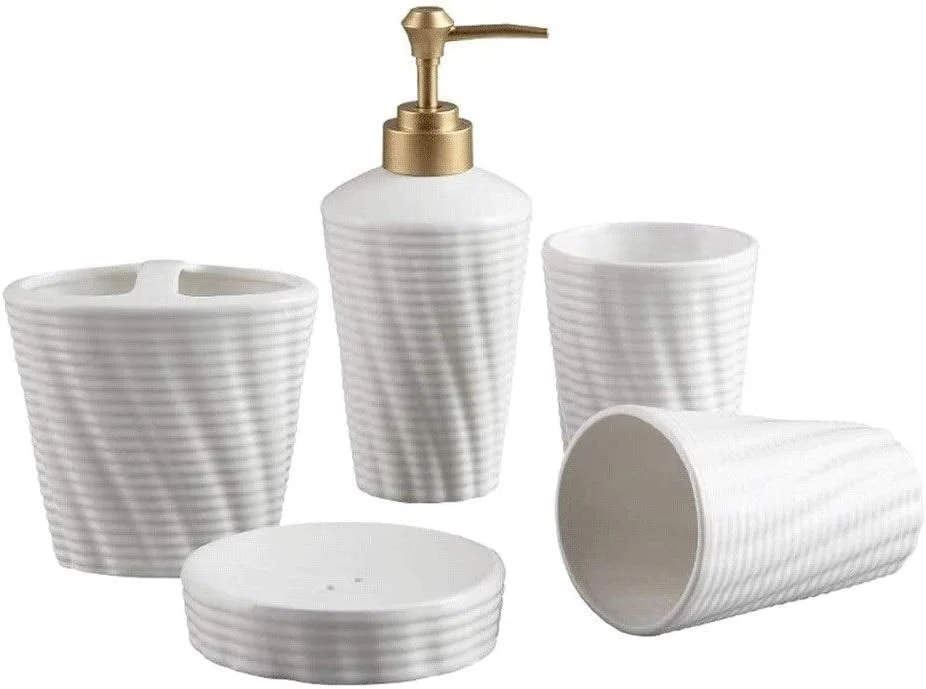 ست لوازم جانبی حمام 5 تکه شامل جا مایع صابون، جا صابونی، جا مسواکی سرامیکی راه راه مناسب منزل و محل کار ست لوازم جانبی حمام 5 تکه شامل جا مایع صابون، جا صابونی، جا مسواکی سرامیکی راه راه مناسب منزل و محل کار