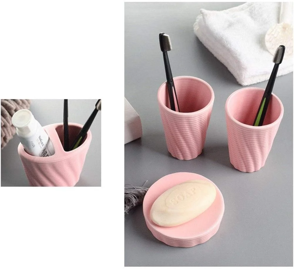 ست لوازم جانبی حمام 5 تکه شامل جای مایع دستشویی، جا صابونی، جا مسواکی، طرح راه راه سرامیکی مناسب منزل و اداره