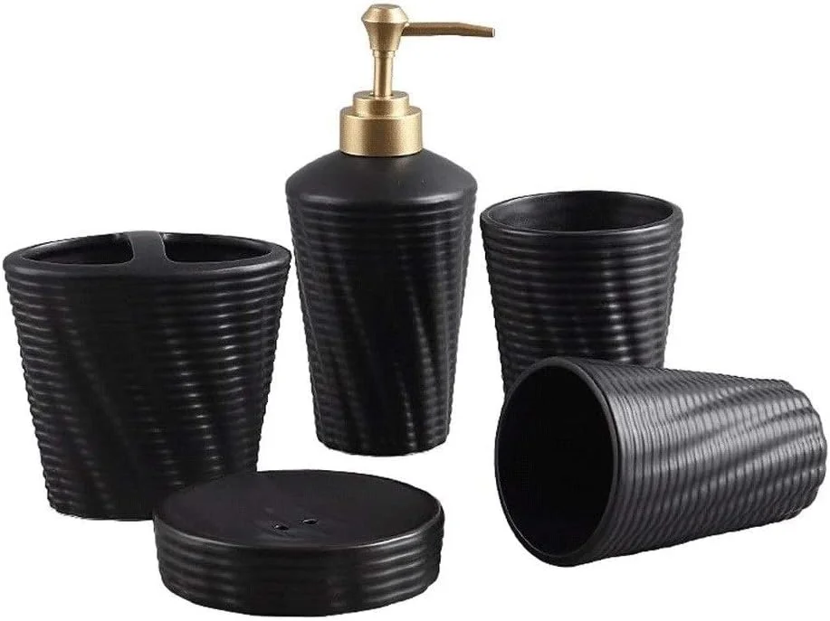 ست لوازم جانبی حمام 5 تکه شامل جای مایع دستشویی، جا صابونی، لیوان و جا مسواکی سرامیکی راه راه مناسب منزل، دفتر کار و غیره ست لوازم جانبی حمام 5 تکه شامل جای مایع دستشویی، جا صابونی، لیوان و جا مسواکی سرامیکی راه راه مناسب منزل، دفتر کار و غیره