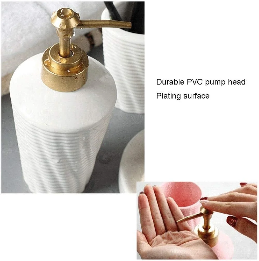 ست لوازم جانبی حمام 5 تکه شامل جای مایع دستشویی، جا صابونی، لیوان و جا مسواکی سرامیکی راه راه مناسب منزل، دفتر کار و غیره