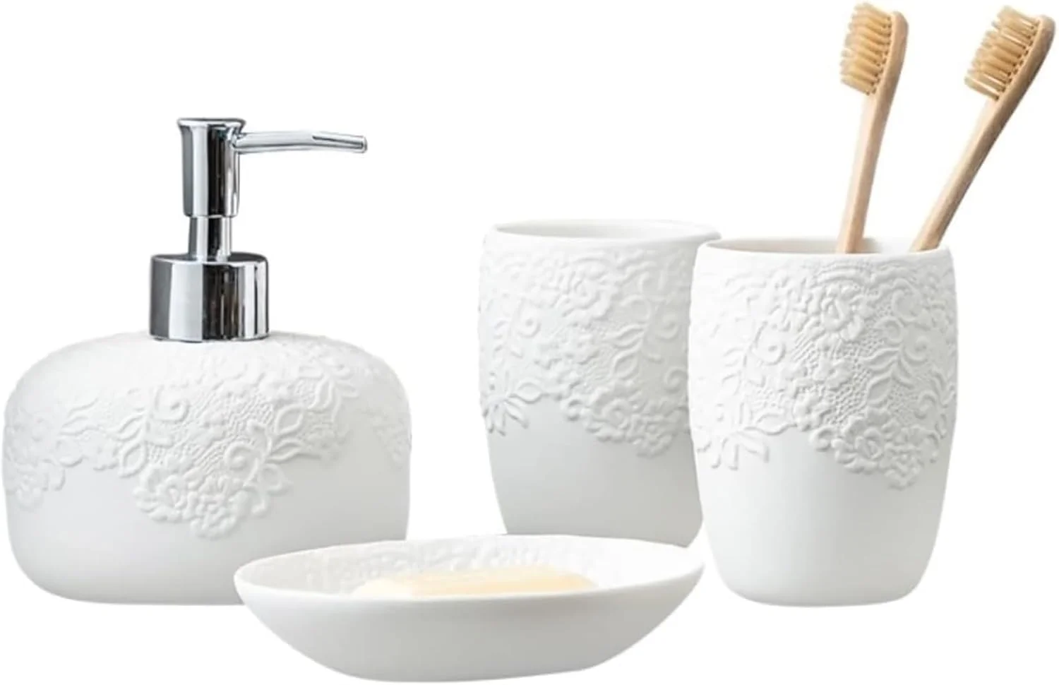 ست لوازم جانبی حمام، طراحی مدرن، ست 4 تکه سرامیکی سفید، ست لوازم جانبی تزئینی حمام
