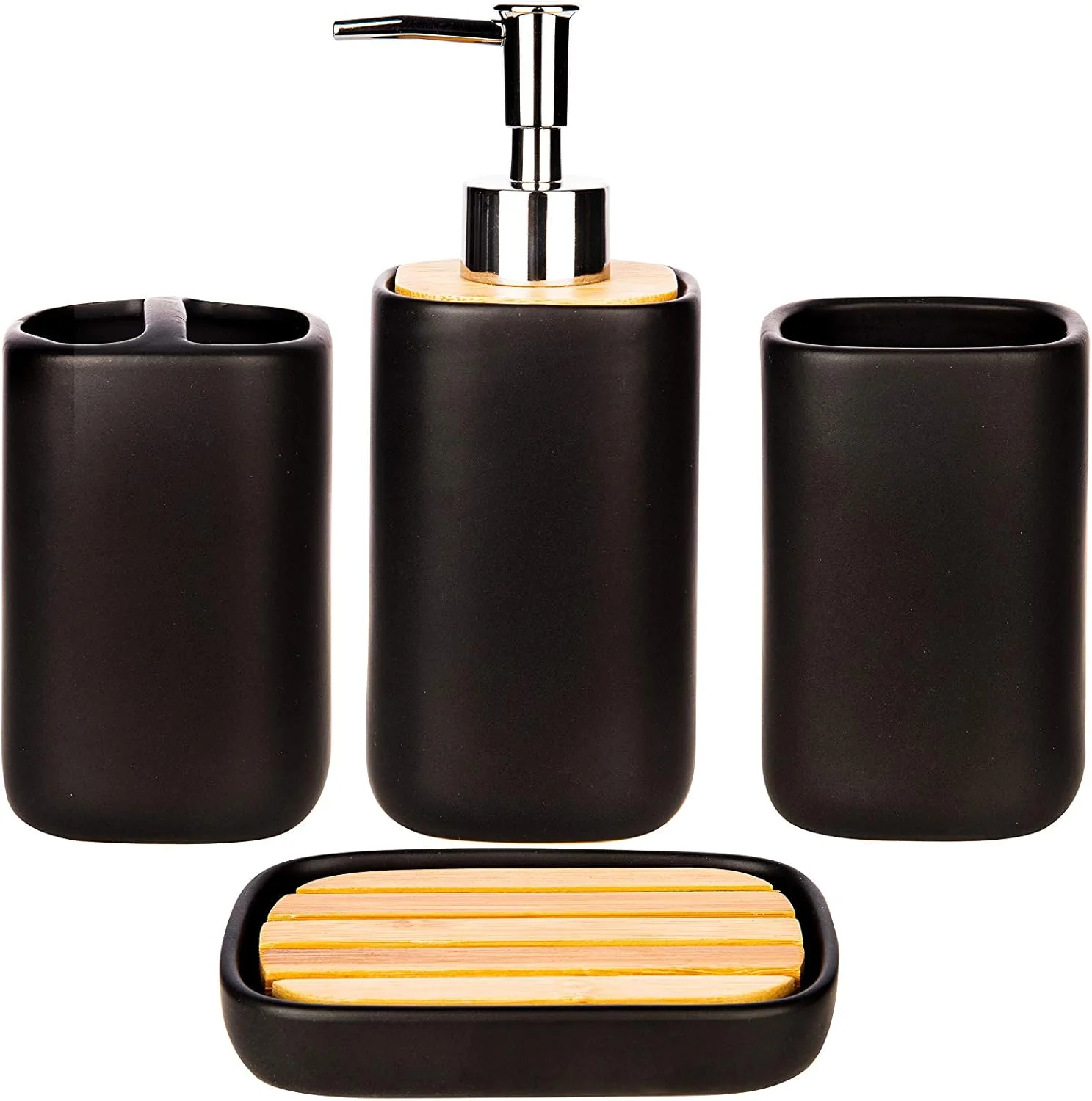 ست لوازم جانبی حمام 4 تکه سرامیکی با بامبو - مجموعه کامل لوازم جانبی حمام شامل جا مایع صابون، جا مسواکی، لیوان، جای صابون، (مشکی)