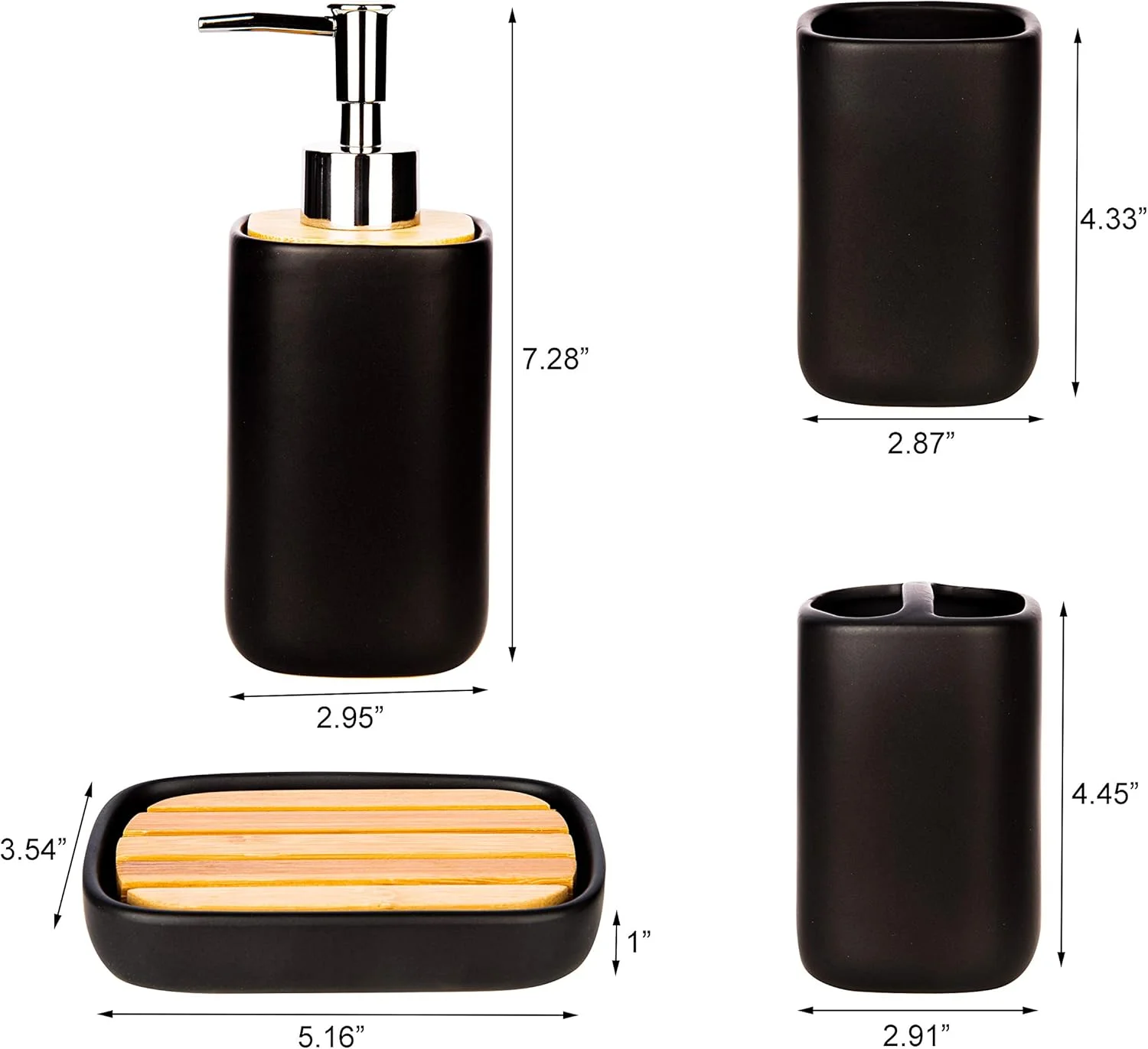 ست لوازم جانبی حمام 4 تکه سرامیکی با بامبو - مجموعه کامل لوازم جانبی حمام شامل جا مایع صابون، جا مسواکی، لیوان، جای صابون، (مشکی) ست لوازم جانبی حمام 4 تکه سرامیکی با بامبو - مجموعه کامل لوازم جانبی حمام شامل جا مایع صابون، جا مسواکی، لیوان، جای صابون، (مشکی)