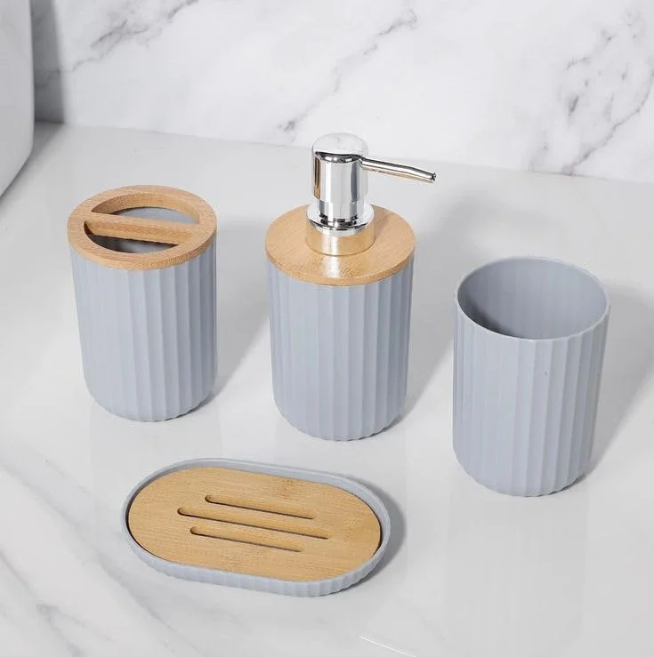 ست لوازم جانبی حمام، 6 تکه، برس توالت، جا مایع صابون، جا مسواکی، لیوان، جا صابونی، سطل زباله (خاکستری R)