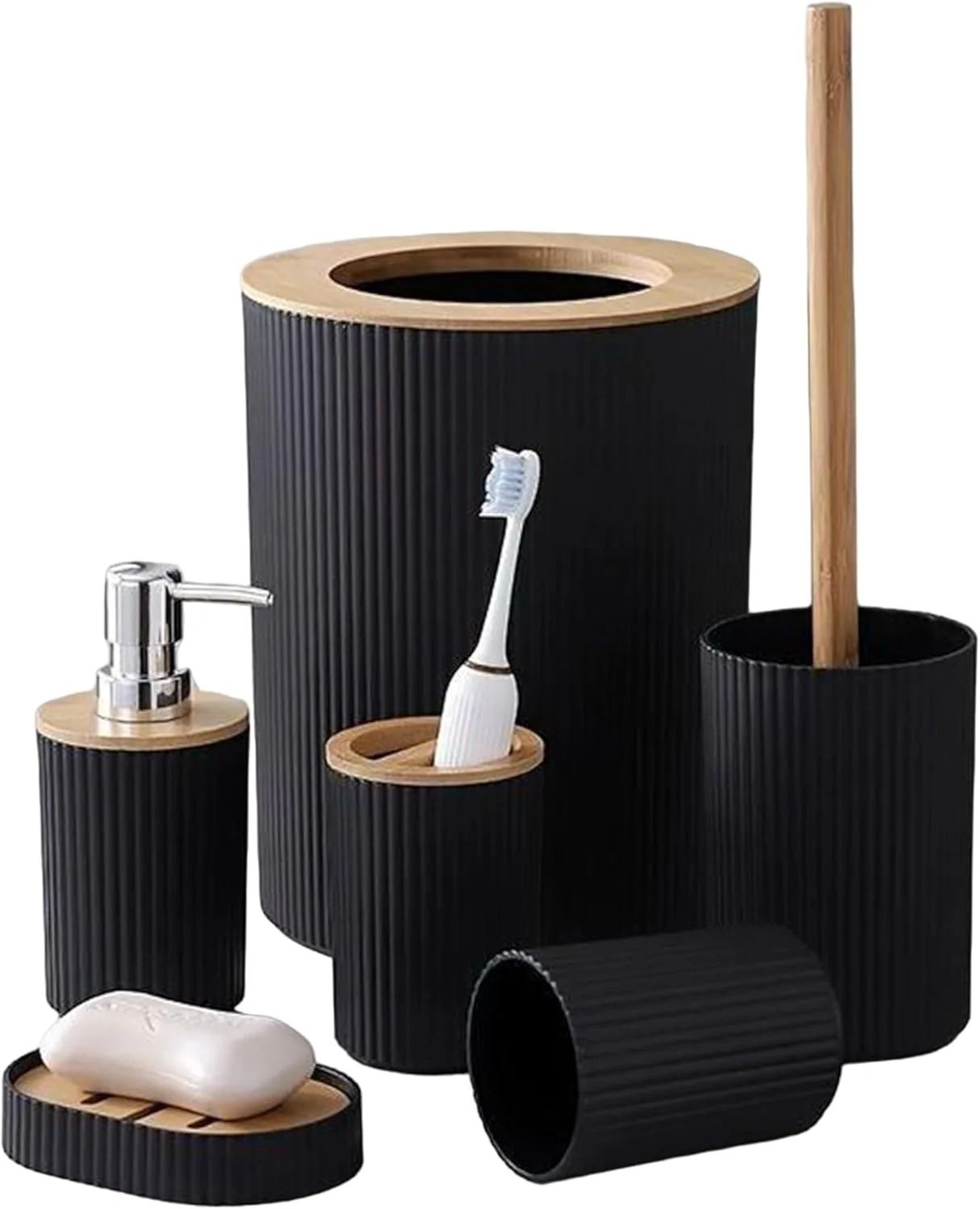 ست لوازم جانبی حمام، 6 تکه، برس توالت، جا مایع صابون، جا مسواکی، لیوان، جا صابونی، سطل زباله (گرد مشکی)