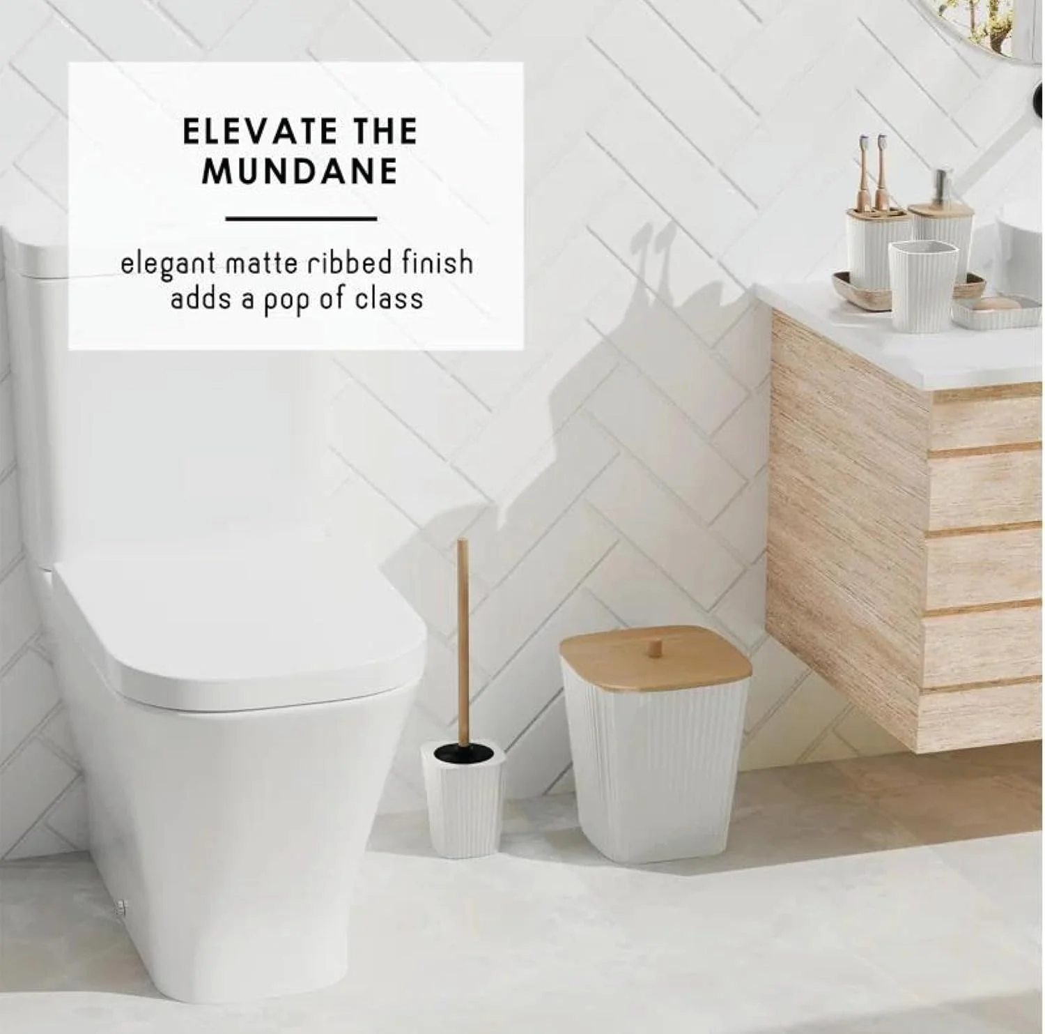 ست لوازم جانبی حمام، 6 تکه، برس توالت، جا مایع صابون، جا مسواکی، لیوان، جا صابونی، سطل زباله (سفید S)