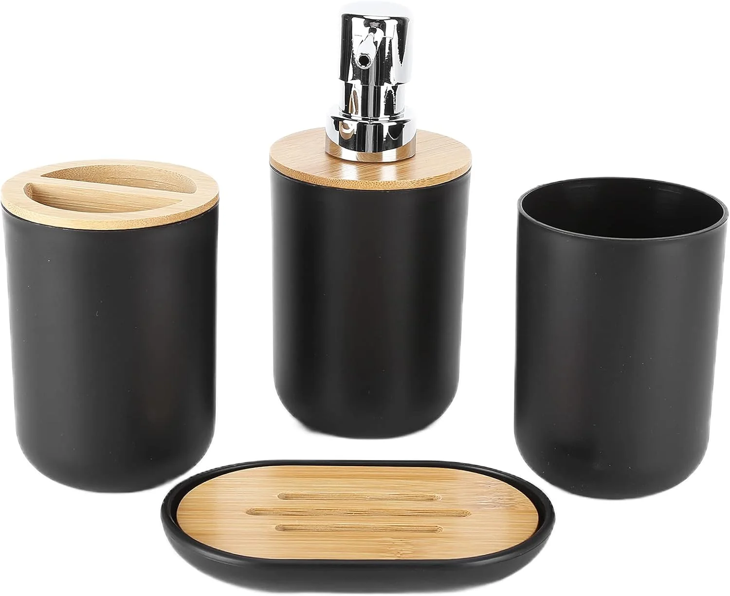 ست لوازم جانبی حمام، ست 4 تکه دکوری پلاستیکی حمام، جا مسواکی، لیوان مسواک، جا مایع صابون، جا صابونی (مشکی) ست لوازم جانبی حمام، ست 4 تکه دکوری پلاستیکی حمام، جا مسواکی، لیوان مسواک، جا مایع صابون، جا صابونی (مشکی)