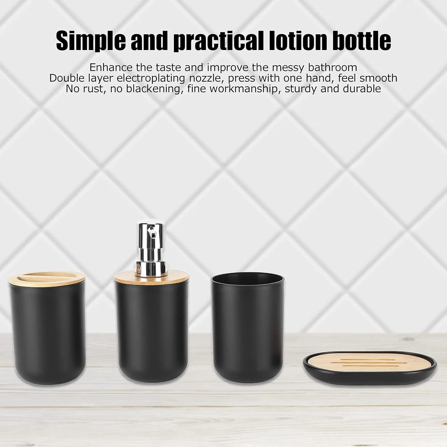 ست لوازم جانبی حمام، ست 4 تکه دکوری پلاستیکی حمام، جا مسواکی، لیوان مسواک، جا مایع صابون، جا صابونی (مشکی)