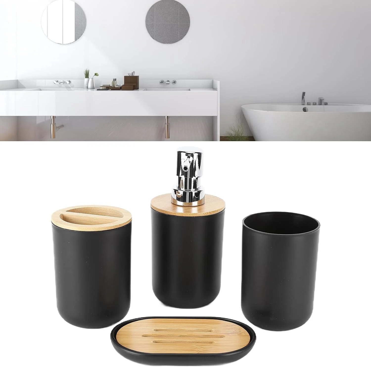 ست لوازم جانبی حمام، ست 4 تکه دکوری پلاستیکی حمام، جا مسواکی، لیوان مسواک، جا مایع صابون، جا صابونی (مشکی)