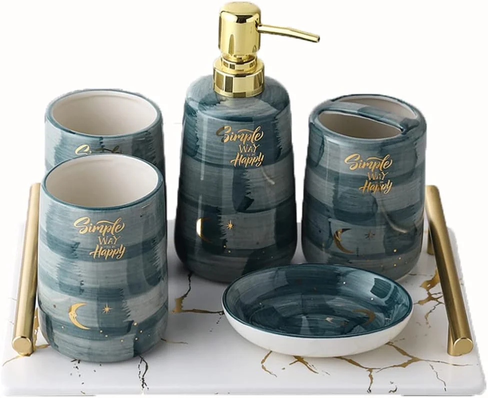 ست لوازم جانبی سرامیکی حمام 5 تکه طرح رمانتیک ستاره ای برای روشویی شامل جای مایع صابون، جا مسواکی، سینی و بطری پمپ (سبز 6 تکه)